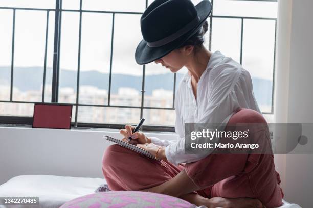 beautiful woman sitting by the window writing to a poet enjoying her hobby - poeta imagens e fotografias de stock