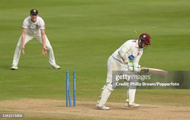 Steven Davies of Somerset is bowled by Liam Norwell of Warwickshire during the fourth day of the Division One Championship Match between Warwickshire...