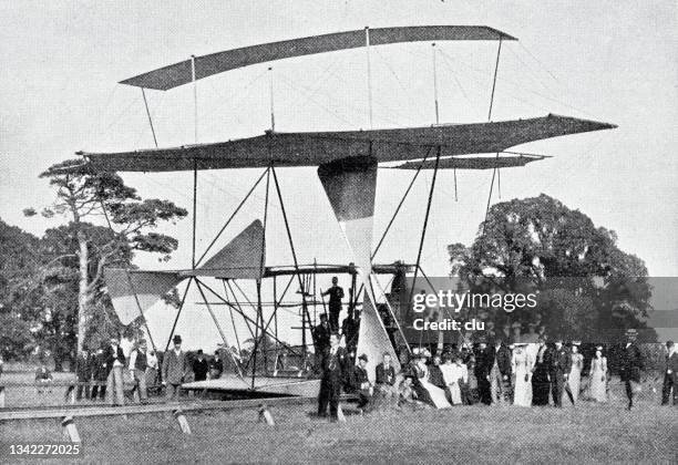 hiram maxim giving his friends a trip on his flying machine at baldwyn's park - first occurrence stock illustrations