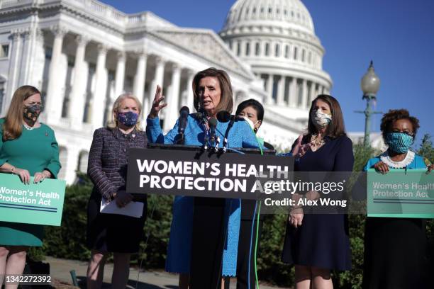 Speaker of the House Rep. Nancy Pelosi speaks as Rep. Sylvia Garcia , Rep. Judy Chu , Rep. Diana DeGette and Rep. Barbara Lee listen during a news...