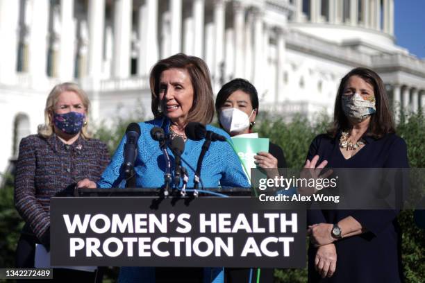 Speaker of the House Rep. Nancy Pelosi speaks as Rep. Sylvia Garcia , Rep. Judy Chu and Rep. Diana DeGette listen during a news conference outside...