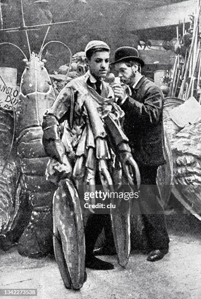pantomime, masks and properties: dressing a lobster - putting on mask stock illustrations