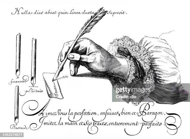 stockillustraties, clipart, cartoons en iconen met penmanship: from vanden steene, 1687 - gravure gefabriceerd object