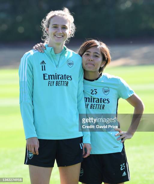 Vivianne Miedema and Mana Iwabuchi of Arsenal pose during the Arsenal Women's training session at London Colney on September 24, 2021 in St Albans,...