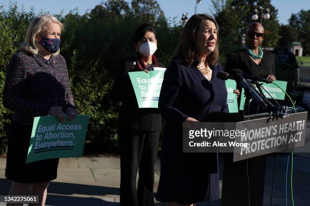 Rep. Diana DeGette speaks as Rep. Sylvia Garcia , Rep. Judy Chu and Rep. Ayanna Pressley listen during a news conference outside the U.S. Capitol on...