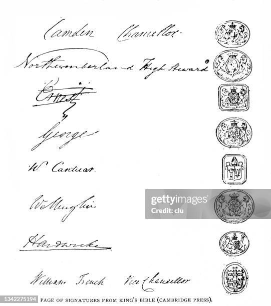 bildbanksillustrationer, clip art samt tecknat material och ikoner med printing the bible: page of signatures from king's bible (cambridge press) - copy writing