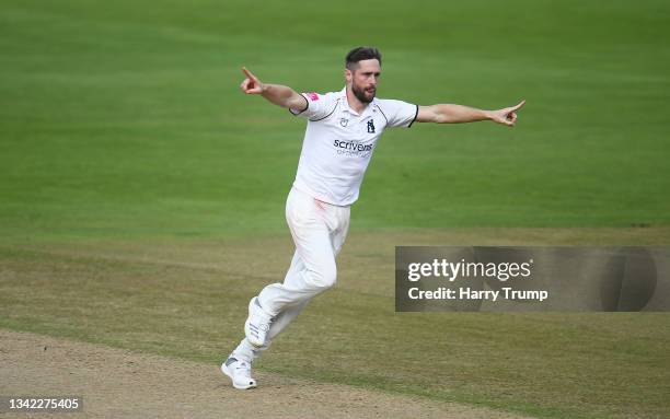 Chris Woakes of Warwickshire celebrates after taking the wicket of Jack Leach of Somerset during Day Four of the LV= Insurance County Championship...