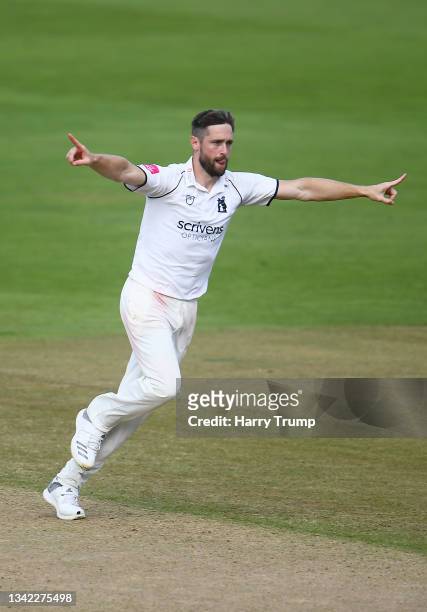 Chris Woakes of Warwickshire celebrates after taking the wicket of Jack Leach of Somerset during Day Four of the LV= Insurance County Championship...
