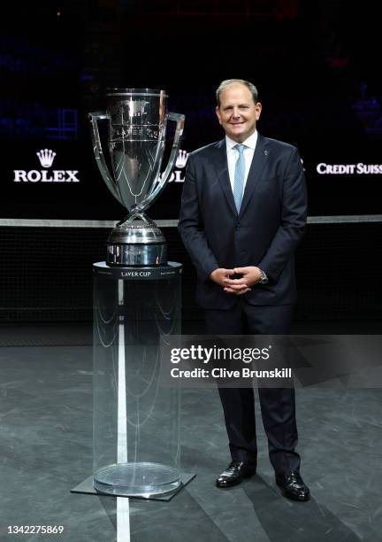 Tony Godsick Laver Cup Chairman poses for a photograph with the Laver Cup Trophy after taking part in a live TV interview on CNBC at TD Garden on...