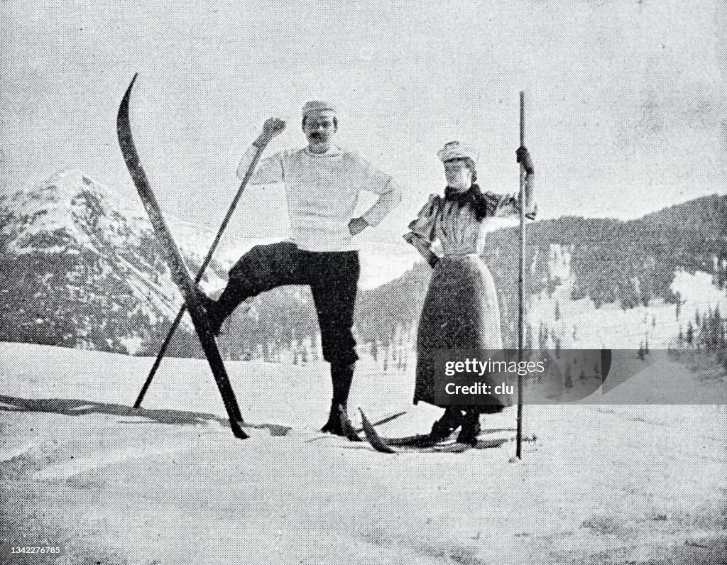 Ski training, couple portrait, standing in snow