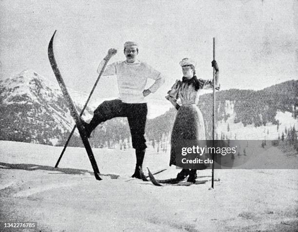 ski training, couple portrait, standing in snow - vintage ski stock illustrations