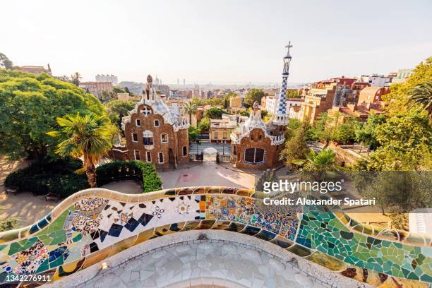 barcelona cityscape on a sunny summer day, catalonia, spain - park guell stock pictures, royalty-free photos & images
