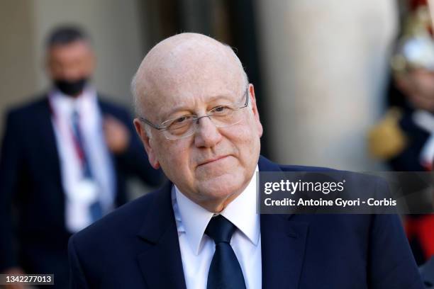 French President Emmanuel Macron receives Lebanon Prime minister Najib Mikati at Elysee Palace, on September 24, 2021 in Paris, France. Lebanese...