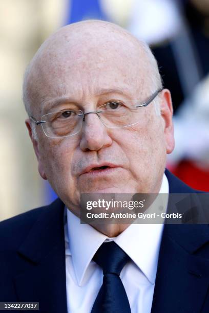 French President Emmanuel Macron receives Lebanon Prime minister Najib Mikati at Elysee Palace, on September 24, 2021 in Paris, France. Lebanese...