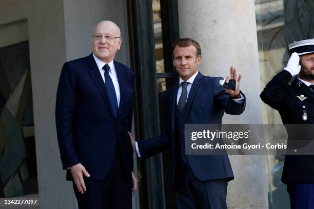 French President Emmanuel Macron receives Lebanon Prime minister Najib Mikati at Elysee Palace, on September 24, 2021 in Paris, France. Lebanese...