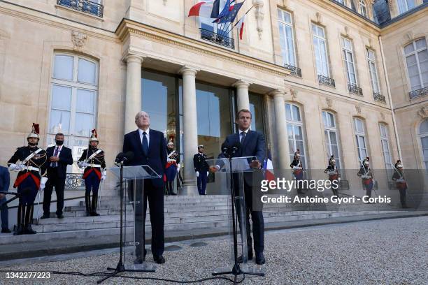 French President Emmanuel Macron receives Lebanon Prime minister Najib Mikati at Elysee Palace, on September 24, 2021 in Paris, France. Lebanese...