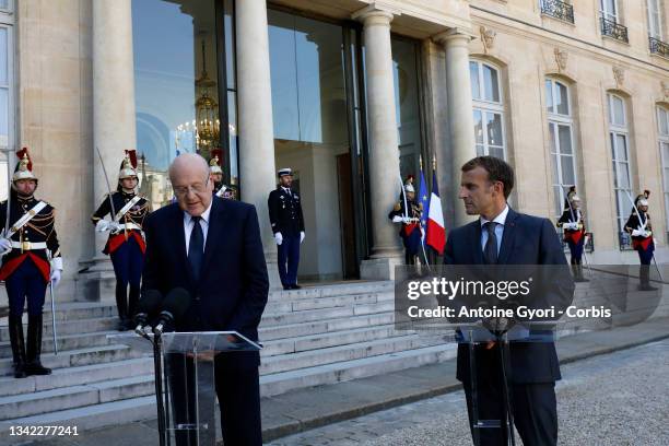 French President Emmanuel Macron receives Lebanon Prime minister Najib Mikati at Elysee Palace, on September 24, 2021 in Paris, France. Lebanese...