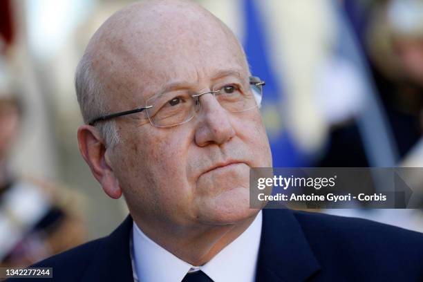 French President Emmanuel Macron receives Lebanon Prime minister Najib Mikati at Elysee Palace, on September 24, 2021 in Paris, France. Lebanese...