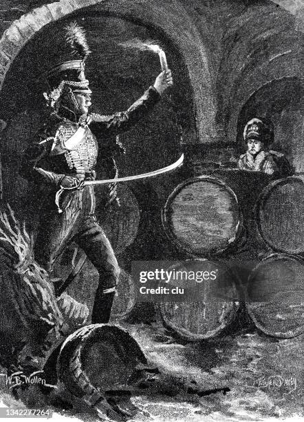 soldier with sword discovers a man in the wine cellar: come out, you rascal! - wine cellar stock illustrations