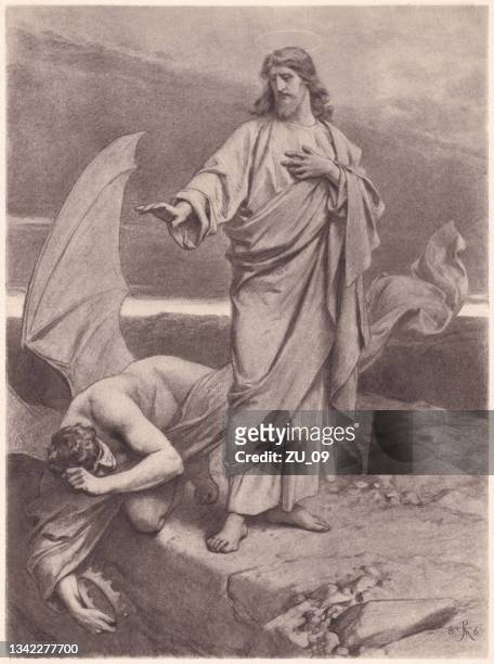 the temptation of christ, photogravure, published in 1886 - temptation stock illustrations
