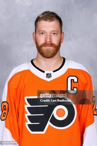 Claude Giroux of the Philadelphia Flyers poses for his official headshot for the 2021-2022 season on September 22, 2021 at the Wells Fargo Center in...