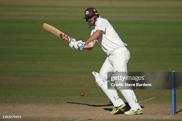 Rikki Clarke of Surrey plays a shot in his final appearance on day four during the LV= Insurance County Championship match between Surrey and...