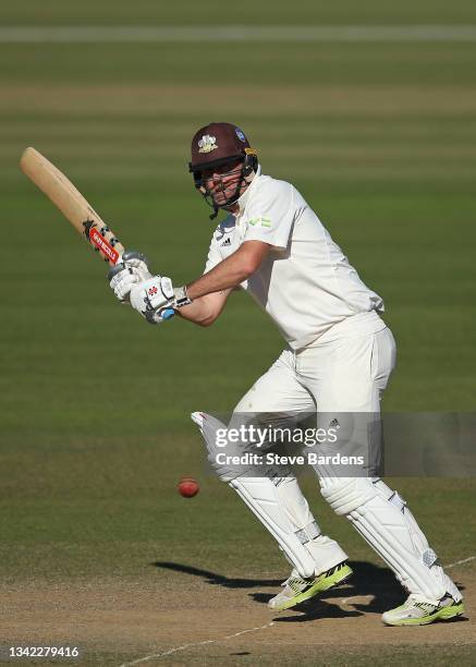 Rikki Clarke of Surrey plays a shot in his final appearance on day four during the LV= Insurance County Championship match between Surrey and...