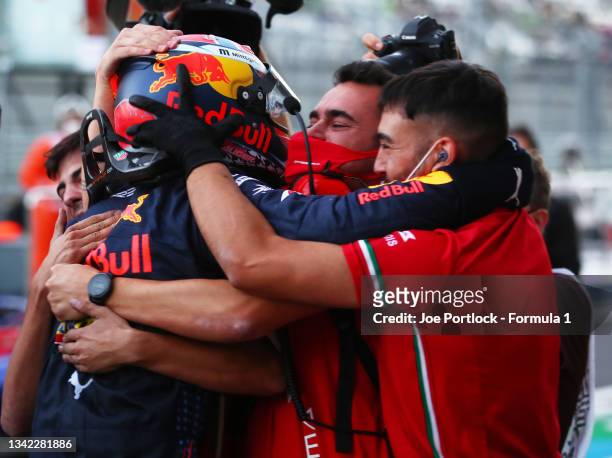 Second placed Dennis Hauger of Norway and Prema Racing celebrates winning the 2021 Formula 3 Championship with his team during race one of Round...