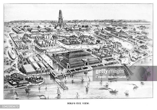 old engraving illustration of bird's-eye view of the world's columbian exposition, chicago, 1893 - chicago worlds fair - fotografias e filmes do acervo