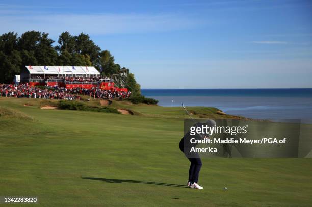 Daniel Berger of team United States plays his shot during Friday Morning Foursome Matches of the 43rd Ryder Cup at Whistling Straits on September 24,...