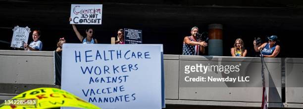 Group of healthcare workers unite against mandated vaccines at Stony Brook University Hospital in Stony Brook, New York, on August 25, 2021.