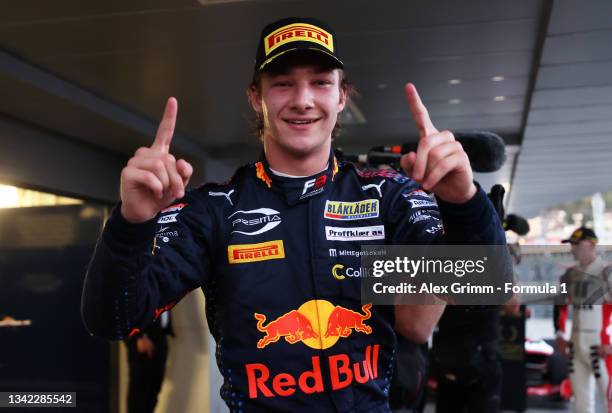 Second placed Dennis Hauger of Norway and Prema Racing celebrates winning the 2021 Formula 3 Championship with his team during race one of Round...