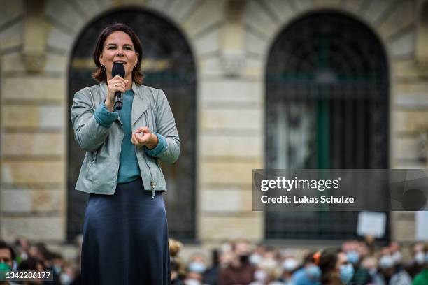 Annalena Baerbock, chancellor candidate of the German Greens Party, speaks at the Greens Party concluding election campaign rally ahead of federal...