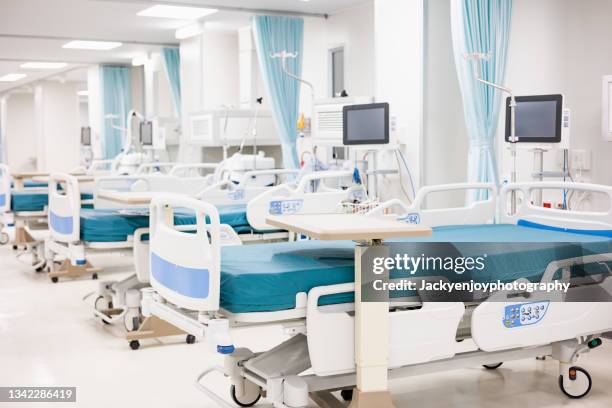 modern hospital room with ventilator system in intensive care unit in covid pandemic situation - krankenhaus niemand stock-fotos und bilder