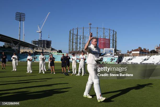 Rikki Clarke of Surrey leaves the field after his final appearance on day four during the LV= Insurance County Championship match between Surrey and...