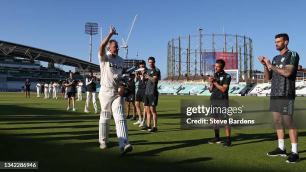 Rikki Clarke of Surrey leaves the field after his final appearance on day four during the LV= Insurance County Championship match between Surrey and...