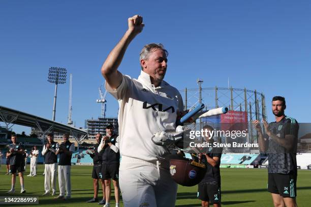 Rikki Clarke of Surrey leaves the field after his final appearance on day four during the LV= Insurance County Championship match between Surrey and...