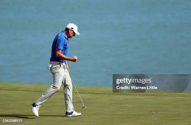 Ian Poulter of England and team Europe reacts on the 13th green during Friday Morning Foursome Matches of the 43rd Ryder Cup at Whistling Straits on...