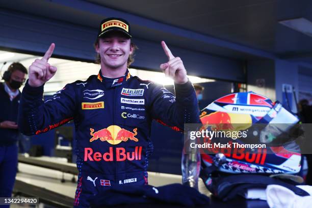 Second placed Dennis Hauger of Norway and Prema Racing celebrates winning the 2021 Formula 3 Championship with his team during race one of Round...