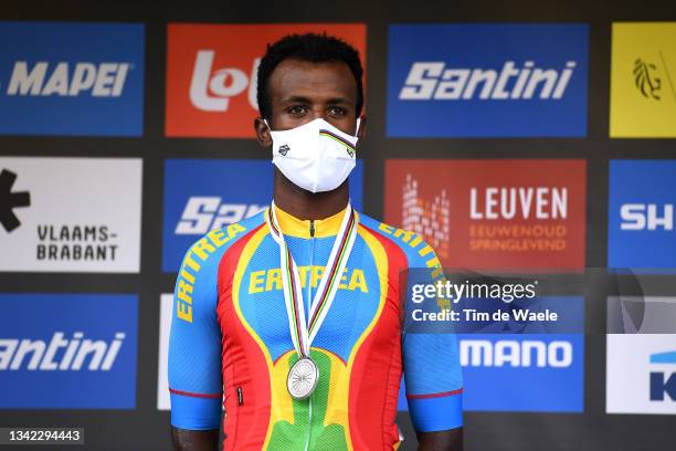 Silver medalist Biniam Girmay of Eritrea celebrates winning during the medal ceremony after the 94th UCI Road World Championships 2021 - Men U23 Road...