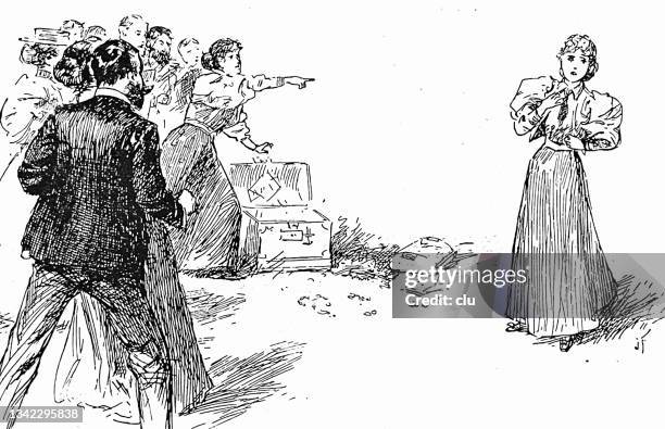 woman in a group of people points to a single, other woman: she, she is guilty - cancel culture stock illustrations