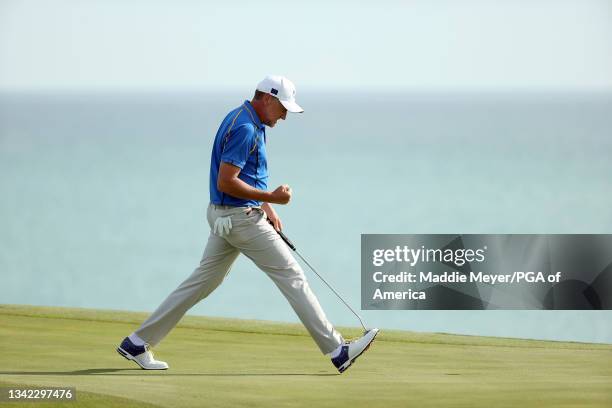 Ian Poulter of England and team Europe reacts on the 12th green during Friday Morning Foursome Matches of the 43rd Ryder Cup at Whistling Straits on...