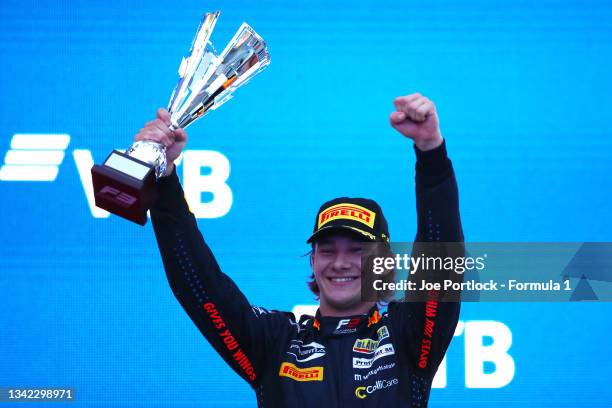 Second placed Dennis Hauger of Norway and Prema Racing celebrates winning the 2021 Formula 3 Championship on the podium during race one of Round...