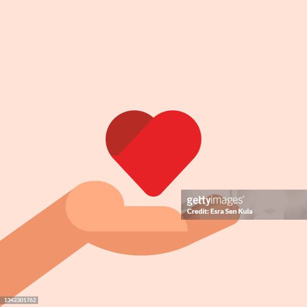 stockillustraties, clipart, cartoons en iconen met close up of hand with a red heart concept. modern simple flat illustration. - charity donation