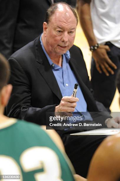 Head Coach, Paul Mokeski of the Reno Bighorns addresses his team during a timeout in a game against the Los Angeles D-Fenders at Toyota Sports Center...
