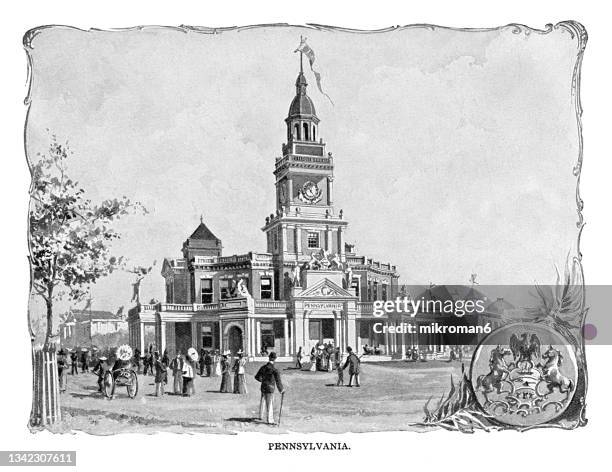 old engraving illustration of pennsylvania state building at columbian exposition, chicago - 1893 - liberty bell stock pictures, royalty-free photos & images