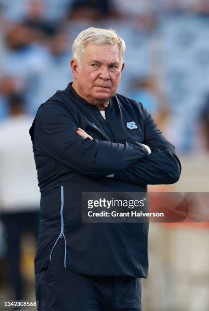 Head coach Mack Brown of the North Carolina Tar Heels watches his team during their game against the Virginia Cavaliers at Kenan Memorial Stadium on...