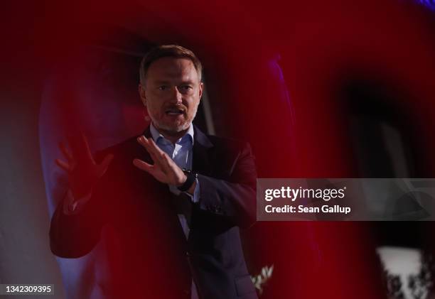 Christian Lindner, leader and lead candidate of the German Free Democrats , speaks at the concluding FDP election campaign gathering ahead of federal...