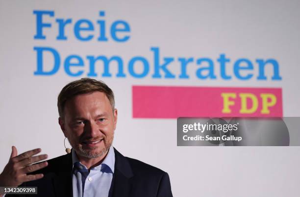 Christian Lindner, leader and lead candidate of the German Free Democrats , speaks at the concluding FDP election campaign gathering ahead of federal...