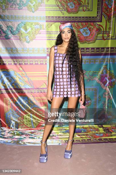 Elodie is seen on the front row of the Versace fashion show during the Milan Fashion Week - Spring / Summer 2022 on September 24, 2021 in Milan,...